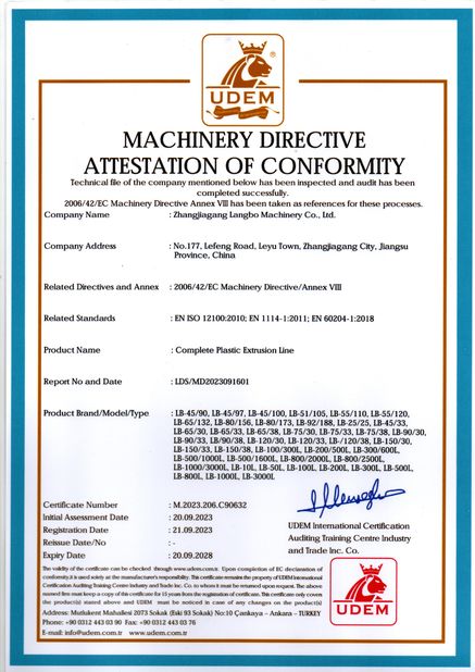 Çin Zhangjiagang Langbo Machinery Co. Ltd. Sertifikalar